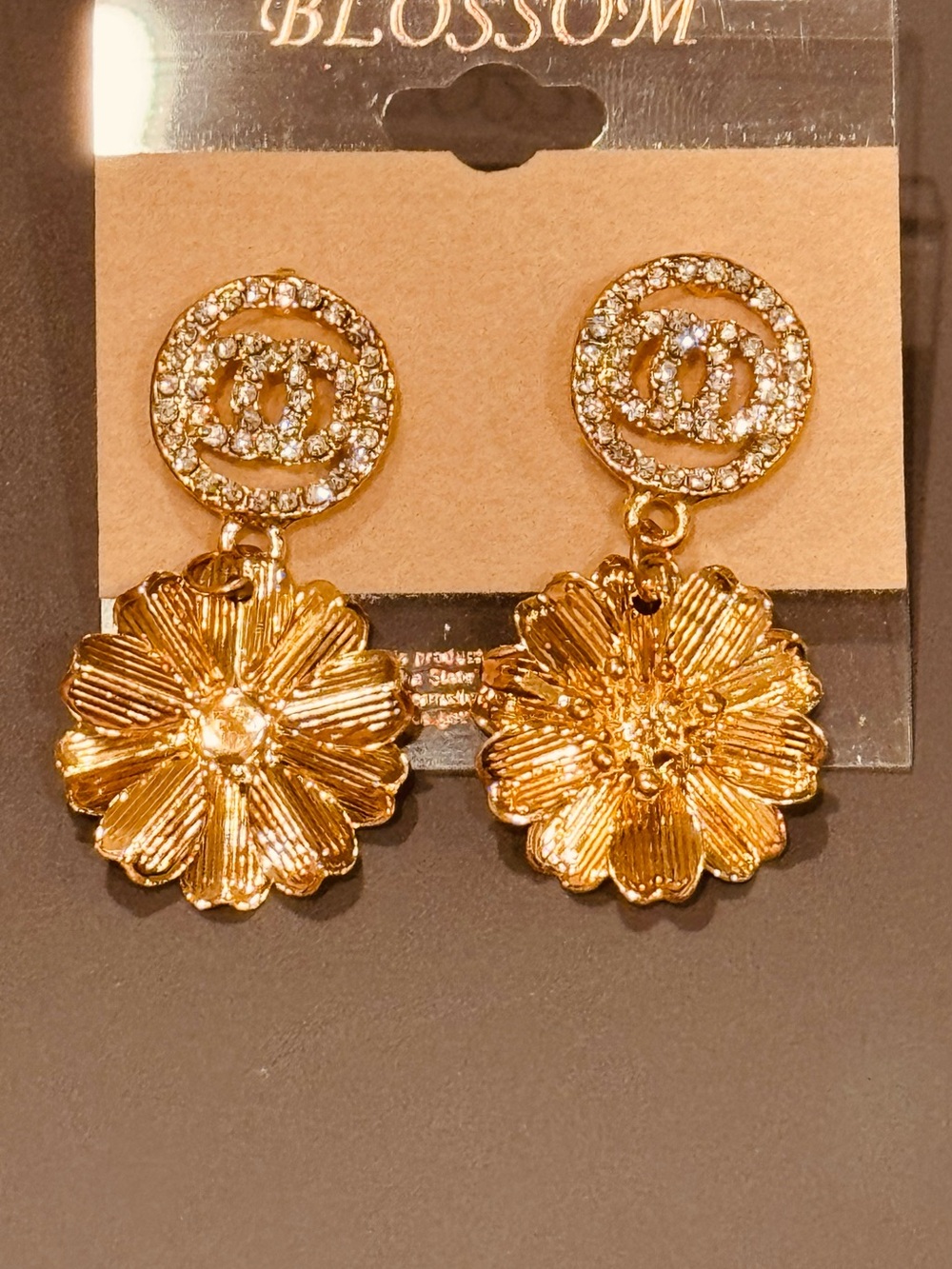 NWT Blossom Crystal Monogram Flower Drop Earrings • Gold Tone